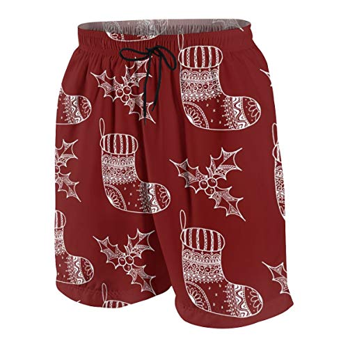 YANAIX Hombre Pantalones Cortos de Playa,Patrón De Símbolo Decorativo De Navidad - Calcetín Y Acebo,Secado Rápido Bañador Estampado Beach Shorts XL