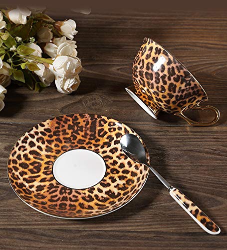 YBK Tech Euro Estilo Taza & Platillo Conjunto Arte Hueso China Cerámico Té Café Taza para Casa Cocina Boda (Modelo del Leopardo)