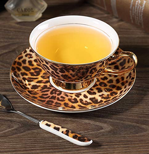 YBK Tech Euro Estilo Taza & Platillo Conjunto Arte Hueso China Cerámico Té Café Taza para Casa Cocina Boda (Modelo del Leopardo)