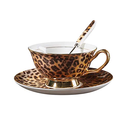 YBK Tech Euro Estilo Taza & Platillo Conjunto Arte Hueso China Cerámico Té Café Taza para Casa Cocina Boda (Modelo del Leopardo)