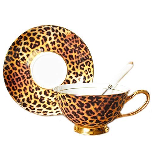 YBK Tech Euro Estilo Taza & Platillo Conjunto Arte Hueso China Cerámico Té Café Taza para Casa Cocina Boda (Modelo del Leopardo)