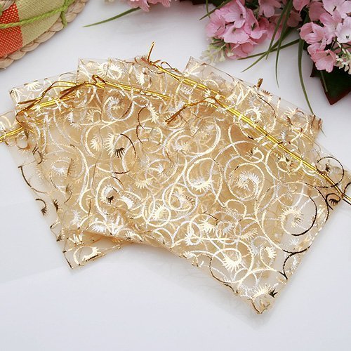 YFZYT Paquete de 100 Bolsas de Organza, Bolsillo para Bolsillo para Joyería con Cordón Pattern Patrón de Bronceado para Chocolate, Dulces, Galletas como Empaque de Regalo - 10 x 15 cm, Oro#2