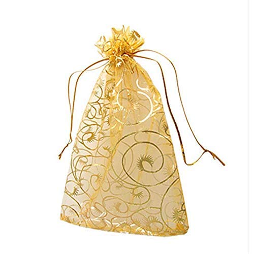 YFZYT Paquete de 100 Bolsas de Organza, Bolsillo para Bolsillo para Joyería con Cordón Pattern Patrón de Bronceado para Chocolate, Dulces, Galletas como Empaque de Regalo - 10 x 15 cm, Oro#2