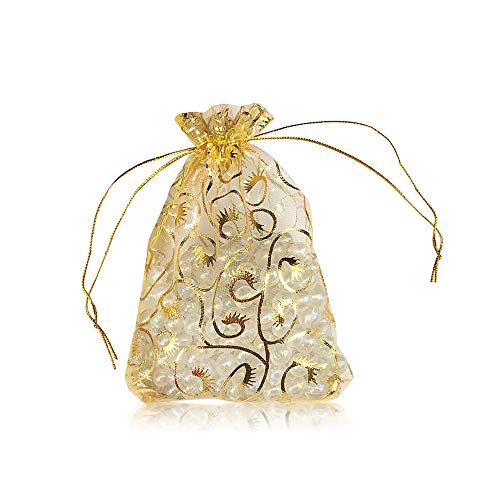 YFZYT Paquete de 100 Bolsas de Organza, Bolsillo para Bolsillo para Joyería con Cordón Pattern Patrón de Bronceado para Chocolate, Dulces, Galletas como Empaque de Regalo - 10 x 15 cm, Oro#2