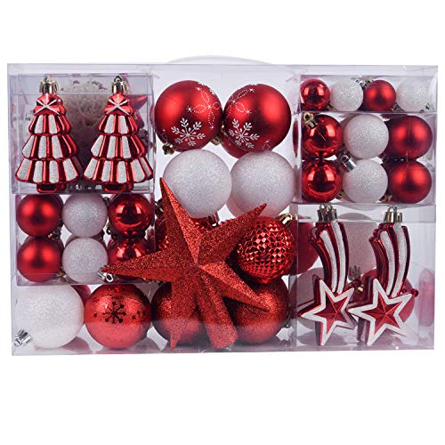 YILEEY Adornos de Navidad Decoracion Arboles de Navidad Bolas de Plastico, Blanco y Rojo, 108 Piezas en 14 Tipos, Caja de Bolas de Navidad de Plástico Inastillable con Percha, Adornos Decorativos