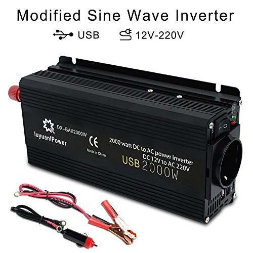 Yinleader - Inversor de Corriente 800W Pico 2000W DC 12V a 220V AC Salida, Dual Puertos USB 5V/2.4A para Coche, Caravana, Barco, cámping