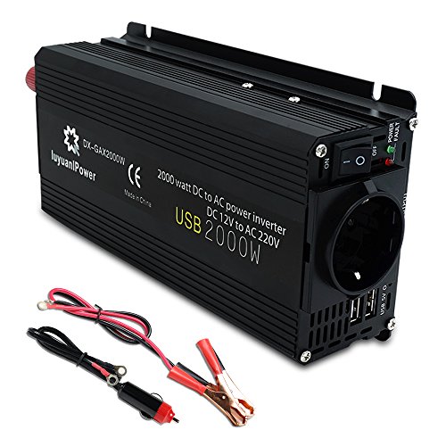 Yinleader - Inversor de Corriente 800W Pico 2000W DC 12V a 220V AC Salida, Dual Puertos USB 5V/2.4A para Coche, Caravana, Barco, cámping