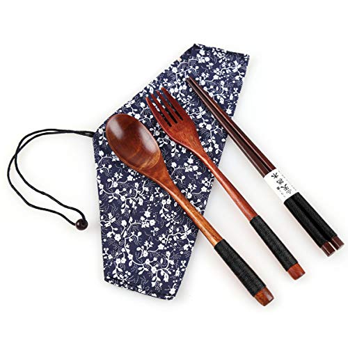 Yinuoday Palillos de Madera Cuchara Tenedor Set Utensilios de Viaje de vajilla de Estilo japonés con Bolsa para Camping, Picnic, Oficina u hogar (Style A)