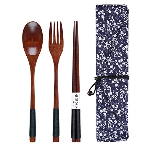 Yinuoday Palillos de Madera Cuchara Tenedor Set Utensilios de Viaje de vajilla de Estilo japonés con Bolsa para Camping, Picnic, Oficina u hogar (Style A)