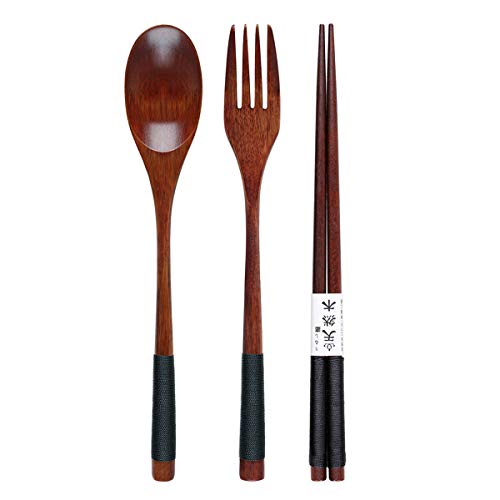 Yinuoday Palillos de Madera Cuchara Tenedor Set Utensilios de Viaje de vajilla de Estilo japonés con Bolsa para Camping, Picnic, Oficina u hogar (Style A)