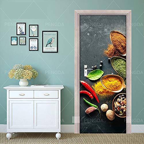 YMYGO Arte de Puerta 3D El Arte del condimento alimentario Pegatinas de Puerta para Sala de Estar Dormitorio renovado calcomanía autoadhesiva extraíble decoración del hogar Papel Tapiz Image 90x210cm