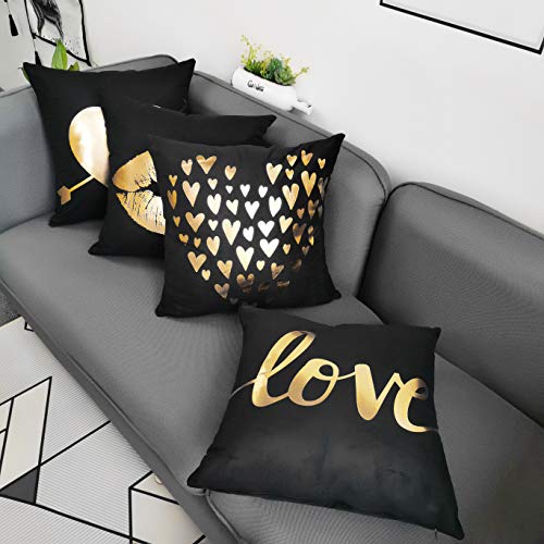 YNester 4pcs Fundas para Cojines de Franela Doradas Decorativas Almohada, Fundas de cojín, Funda de cojín bronceadora para Cama, sofá, Regalo, poliéster Fundas Negra, 45 x 45cm