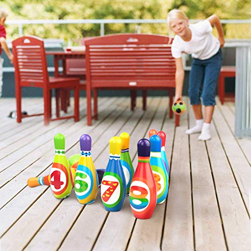 yoptote Bolos Infantiles Sets de Bolos Juguete Bowling Juegos Bowling Juegos Party Exterior Jardin 10 Pins Juego de Bolos Desarrollo de Habilidades Motoras Esponja Número Pelota Niño 3 Años+