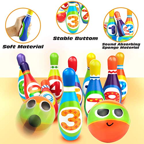 yoptote Bolos Infantiles Sets de Bolos Juguete Bowling Juegos Bowling Juegos Party Exterior Jardin 10 Pins Juego de Bolos Desarrollo de Habilidades Motoras Esponja Número Pelota Niño 3 Años+