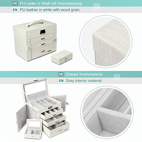 Yorbay Caja Joyero con Espejo y Cajones, Caja para Joyas, para Pendientes, Pulseras, Anillos, Almacenamiento y Expositor, Caja de joyería de Viaje Mini, Rayas Imitacion a Madera Blanco Reutilizable