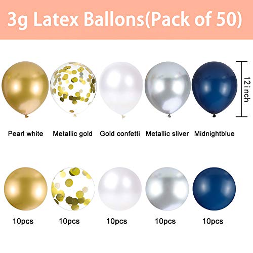 Yorgewd 50 globos de fiesta – Globos de confeti dorados de plata y oro metalizados Globos de látex azul marino y blanco perla para cumpleaños baby shower decoración de fiesta