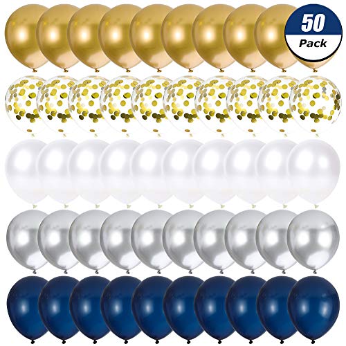 Yorgewd 50 globos de fiesta – Globos de confeti dorados de plata y oro metalizados Globos de látex azul marino y blanco perla para cumpleaños baby shower decoración de fiesta