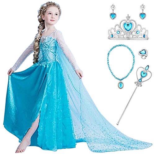 YOSICIL Niña Princesa Disfraz Frozen Elsa con Accesorios 5PC Corona Varita Vestido de Princesa Traje de Frozen con Capa Larga Costume de Cumpleaños Traje Parte de Navidad Infantil 3-9años