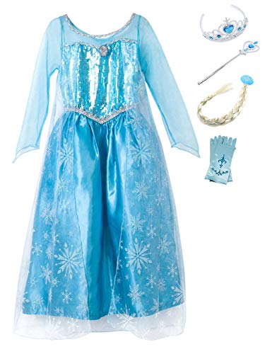 YOSICIL Princesa Disfraz Vestido de Princesa Elsa Princesa Disfraz Accesorios Traje Parte Niñas Princesa Cosplay para Regalo Halloween Carnaval Disfraz Elsa Manga Larga (3-10 años) +5pcs