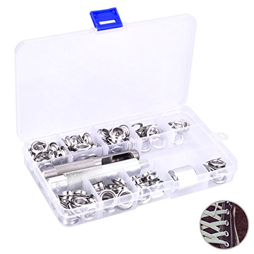 YoungRich 100pcs Herramientas de Ojetes de Arandelas Kit de Inoxidable Cobre con Caja de Almacenaje Diámetro Interno de 10 mm (Plata)