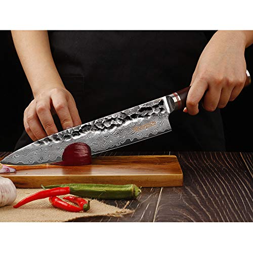 YOUSUNLONG Cuchillos de chef 10 pulgadas Pro Gyuto japonés VG10 martillado Damasco acero Natural nogal mango de madera con funda de cuero