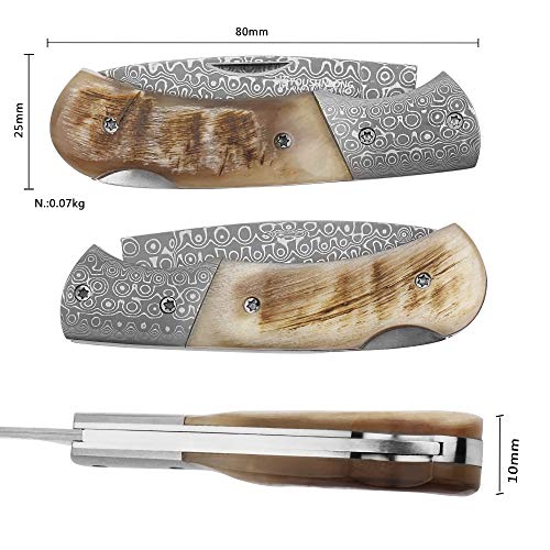 YOUSUNLONG Navaja de bolsillo plegable - Hoja de acero de Damasco total 140 mm - cuchillo de supervivencia con funda de cuero y caja de madera - mango de cuerno de cabra natural