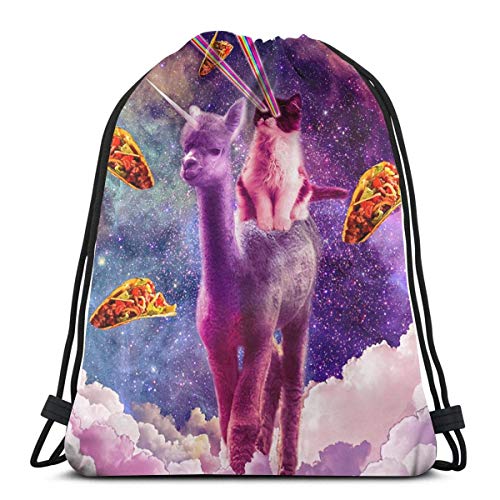 Yuanmeiju Cosmic Cat Riding Alpaca Llama Unicorn Pizza Taco Bolsa con cordóns Gym Dance Backpacks Shoulder Bags Gift for Girls Daughter Boys Kids Teens Women 14.2 x 16.9 Inch/36 x 43cm