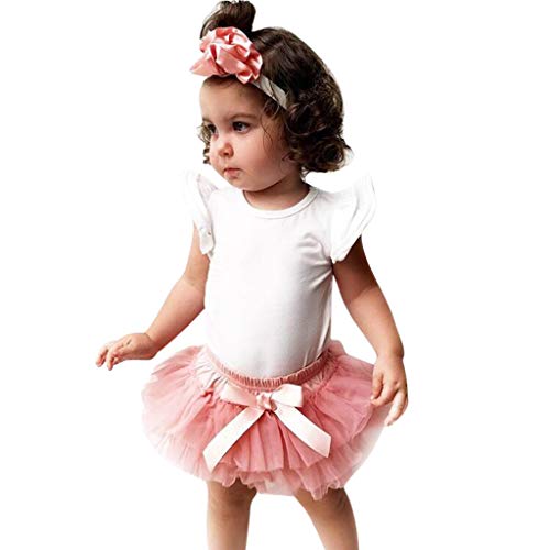 YWLINK 3PC Verano Mezcla De Algodon Trajes para BebéS De Mameluco Color SóLido+ Falda De Tul + Conjunto De Diadema Lindo Bautismo De NiñOs Regalo(Blanco,0-6 meses/70)