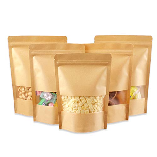 YWQ 70pcs Bolsa de Papel Kraft con Ventana Reutilizables(14 x 22 cm), Bolsas de Papel Kraft con Ventana/Base/Cierre Zip,Stand Up Alimentos Almacenamiento Bolsas,Bolsas de Sellado de Agarre Ziplock