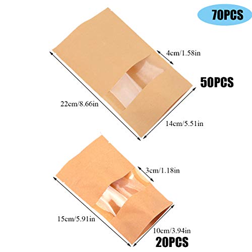 YWQ 70pcs Bolsa de Papel Kraft con Ventana Reutilizables(14 x 22 cm), Bolsas de Papel Kraft con Ventana/Base/Cierre Zip,Stand Up Alimentos Almacenamiento Bolsas,Bolsas de Sellado de Agarre Ziplock