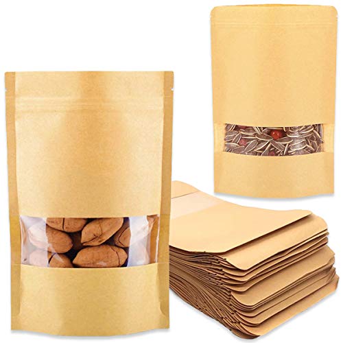 YWQ 70pcs Bolsa de Papel Kraft con Ventana Reutilizables(14 x 22 cm), Bolsas de Papel Kraft con Ventana/Base/Cierre Zip,Stand Up Alimentos Almacenamiento Bolsas,Bolsas de Sellado de Agarre Ziplock