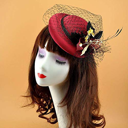 YYDZ Clip Tea Party Derby de Kentucky Sombrero Boda Pluma del Sombrero Pelo de la Venda de Las Mujeres con Velo Accesorios Topper Hair Show Pinza de Pelo de Velo (Color : Red)