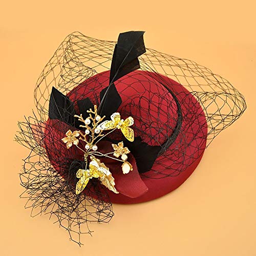 YYDZ Clip Tea Party Derby de Kentucky Sombrero Boda Pluma del Sombrero Pelo de la Venda de Las Mujeres con Velo Accesorios Topper Hair Show Pinza de Pelo de Velo (Color : Red)