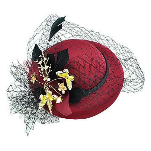 YYDZ Clip Tea Party Derby de Kentucky Sombrero Boda Pluma del Sombrero Pelo de la Venda de Las Mujeres con Velo Accesorios Topper Hair Show Pinza de Pelo de Velo (Color : Red)