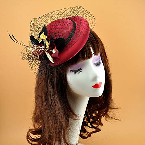 YYDZ Clip Tea Party Derby de Kentucky Sombrero Boda Pluma del Sombrero Pelo de la Venda de Las Mujeres con Velo Accesorios Topper Hair Show Pinza de Pelo de Velo (Color : Red)