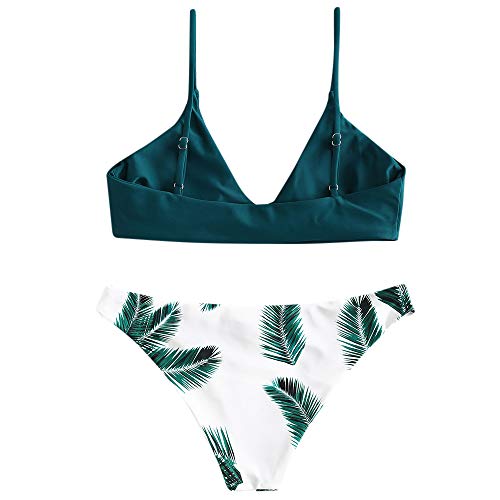 Zaful Bikini acolchado push-up para mujer con diseño de hojas azul pavo real M