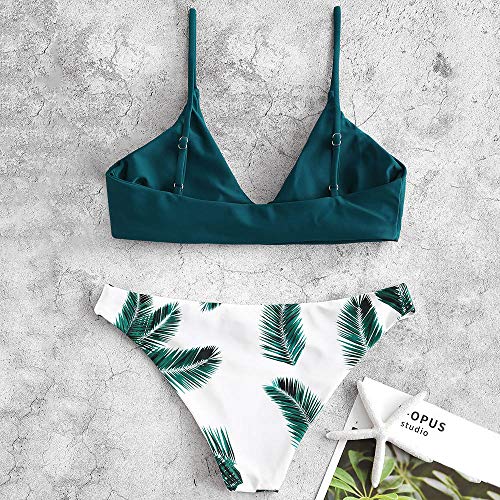 Zaful Bikini acolchado push-up para mujer con diseño de hojas azul pavo real M