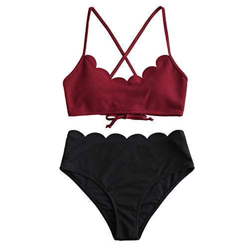 ZAFUL - Conjunto de bikini de cintura alta para mujer rojo S