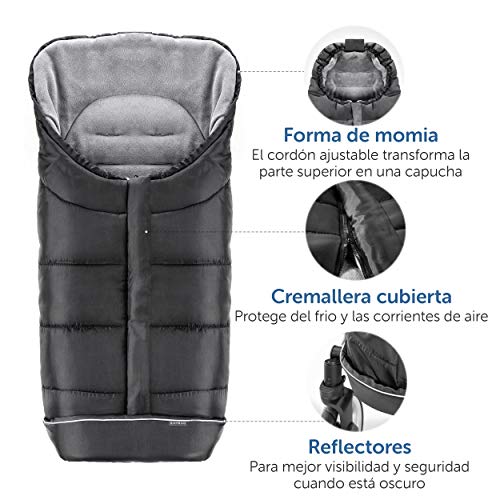 Zamboo - Saco de invierno Universal para Cochecito y Silla de paseo - Protección antideslizante, Forro Polar térmico Deluxe, capucha tipo momia, reflectores y bolsa, negro/gris