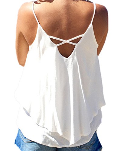 ZANZEA Mujer Camisetas Sin Mangas Verano Tube Top Sexy Cuello V Gasa Chaleco Chiffon Tirantes Backless Blusa 01-Blanco XL