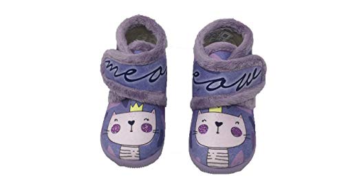 Zapatilla de Estar por casa/Niña/Niño/Vulca-Bicha/Material Grenoble/Mod. Gato Lila/Suela de Goma/Cierre Fácil/Talla 28