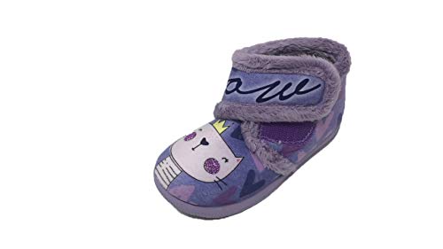 Zapatilla de Estar por casa/Niña/Niño/Vulca-Bicha/Material Grenoble/Mod. Gato Lila/Suela de Goma/Cierre Fácil/Talla 28