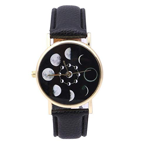 Zengkei Moda Reloj de Pulsera, Solar Fase Lunar Eclipse Lunar Estampado Esfera Redonda Cuarzo Reloj Informal de Mujer Correa de Piel Artificial Pulsera Analogico Reloj de Pulsera Regalo, Negro