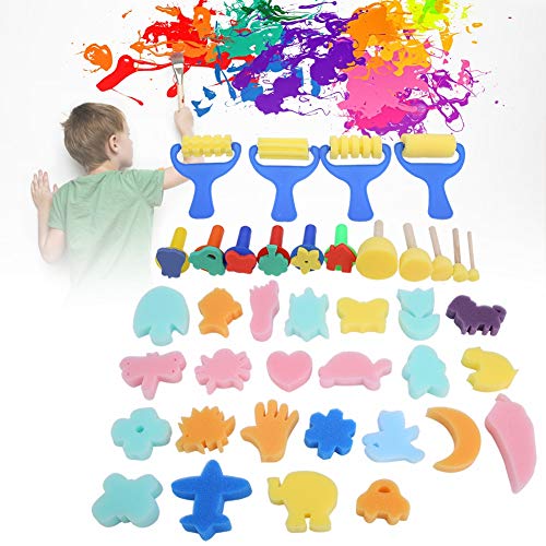 Zerodis Kit de cepillos de Pintura de Esponja, 39pcs Colorido Aprendizaje temprano Kids Paint Set DIY Cepillos de Esponja Coloridos Sellos Doodle Herramientas para Juguetes de niños