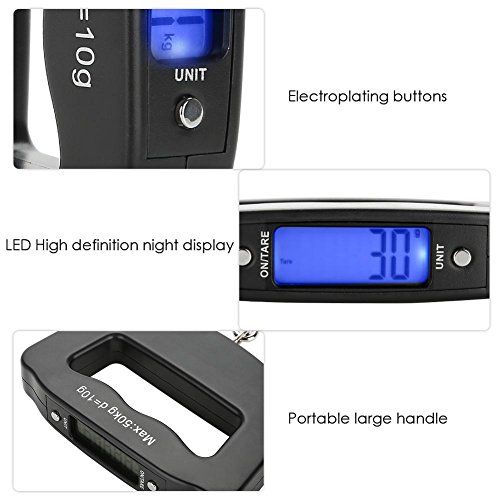 Zerone Báscula Digital portátil, 50 kg/10 g Mini balanza de Anzuelo Equipaje electrónico Peso Colgante