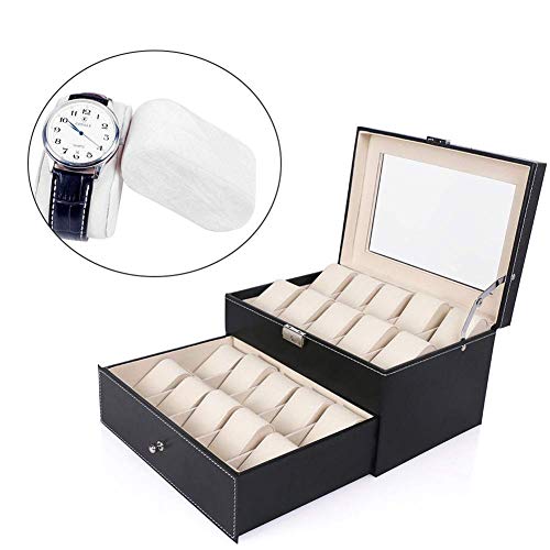 ZGYQGOO 20 Caja de Caja de Reloj Almacenamiento de muñeca para Relojes Cofre PU Pulsera de Cuero Bandeja de exhibición de Brazalete Joyería de imitación Cajas de Almacenamiento de Reloj Negro