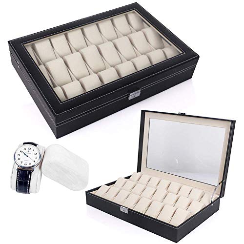 ZGYQGOO Caja de Reloj Caja de Reloj Caja de Almacenamiento de Reloj para 20/24 Relojes, Caja de Reloj, Negro con Pulsera de Cuero de PU, Bandeja de exhibición de Brazalete