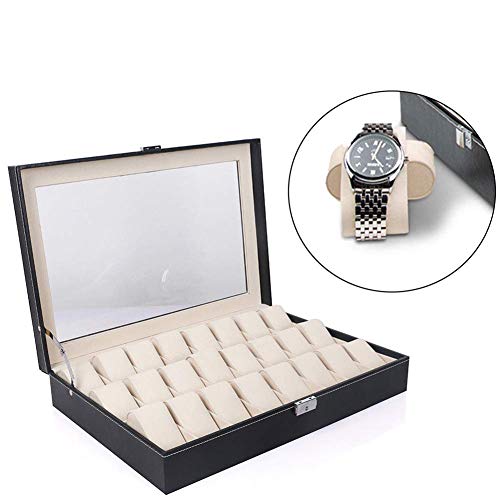 ZGYQGOO Caja de Reloj Caja de Reloj Caja de Almacenamiento de Reloj para 20/24 Relojes, Caja de Reloj, Negro con Pulsera de Cuero de PU, Bandeja de exhibición de Brazalete