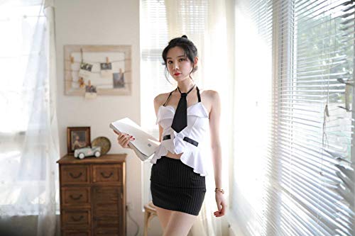 ZHANGNUO Nueva Lencería Sexy Cuello Colgante para Mujer Corbata Baja En El Pecho Secretaria Maestra Uniforme Sexy Falda Corta a Rayas Traje Femenino Talla única/Secretaria Blanco y Negro