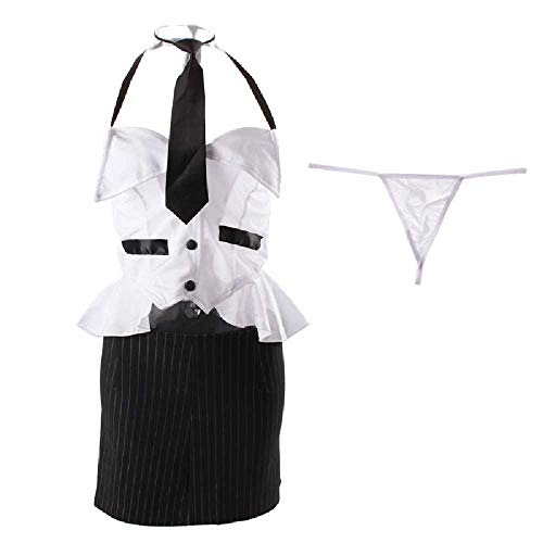 ZHANGNUO Nueva Lencería Sexy Cuello Colgante para Mujer Corbata Baja En El Pecho Secretaria Maestra Uniforme Sexy Falda Corta a Rayas Traje Femenino Talla única/Secretaria Blanco y Negro